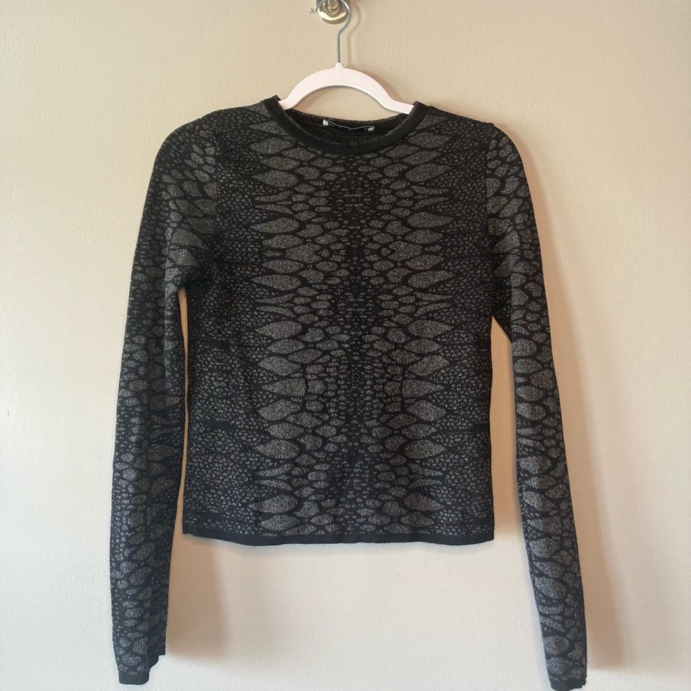 Zara Black Silver Knit Sweater Crop Top S Animal Print Long Sleeve Sexy.